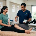 A professional physiotherapist at the Centre for Spine and Foot Care (Scheme No. 140, Indore) using advanced therapeutic technology and digital diagnostics to provide the best physiotherapy in Indore