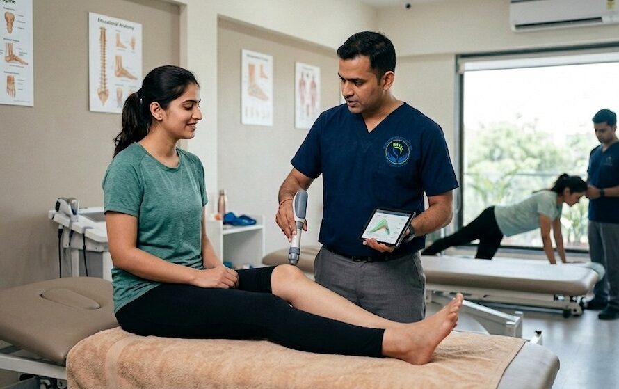 A professional physiotherapist at the Centre for Spine and Foot Care (Scheme No. 140, Indore) using advanced therapeutic technology and digital diagnostics to provide the best physiotherapy in Indore