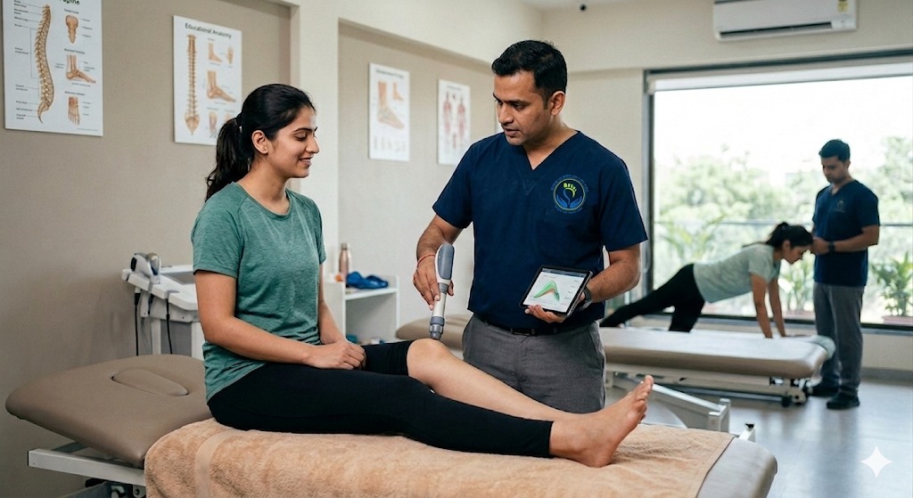 A professional physiotherapist at the Centre for Spine and Foot Care (Scheme No. 140, Indore) using advanced therapeutic technology and digital diagnostics to provide the best physiotherapy in Indore