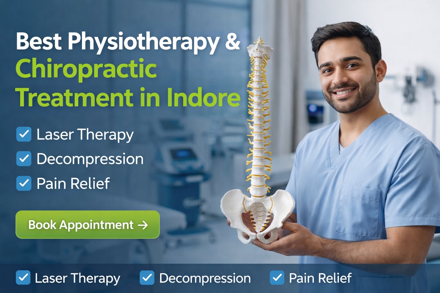 Top physiotherapy clinic in Indore with expert physiotherapist using spine model for pain treatment