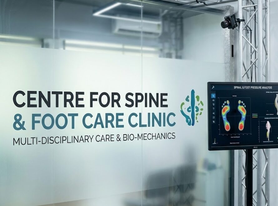 A physiotherapist conducting a detailed sports gait analysis in an Indore clinic, showing real-time biomechanical data of an athlete running on a sophisticated treadmill system to diagnose causes of leg pain during walking.