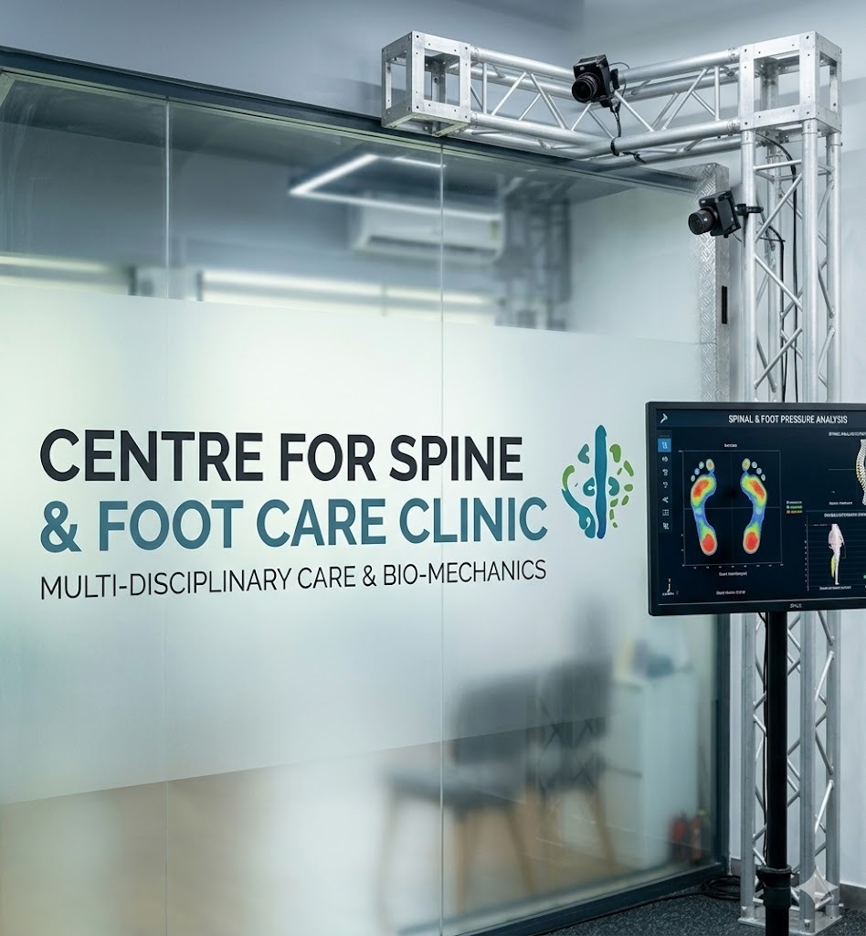 A physiotherapist conducting a detailed sports gait analysis in an Indore clinic, showing real-time biomechanical data of an athlete running on a sophisticated treadmill system to diagnose causes of leg pain during walking.