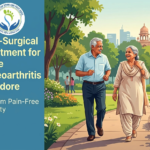 An elderly couple with grey hair smiles and walks together on a path in a lush green park with a landmark domed building in the background. The scene includes a side panel with a logo and text for the Centre for Spine and Foot Care, promoting "Non-Surgical Treatment for Knee Osteoarthritis in Indore" and the tagline "Reclaim Pain-Free Mobility