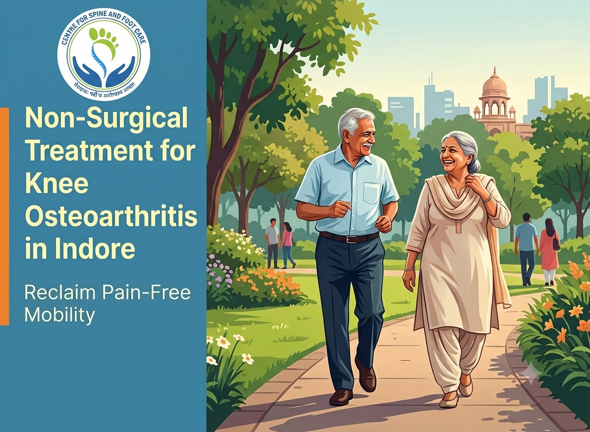 An elderly couple with grey hair smiles and walks together on a path in a lush green park with a landmark domed building in the background. The scene includes a side panel with a logo and text for the Centre for Spine and Foot Care, promoting "Non-Surgical Treatment for Knee Osteoarthritis in Indore" and the tagline "Reclaim Pain-Free Mobility