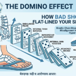 An infographic illustrating the 'domino effect' of bad footwear on the spine, showing how a flat flop leads to weakened arches, shin and thigh rotation, an unbalanced pelvis, and anterior pelvic tilt.
