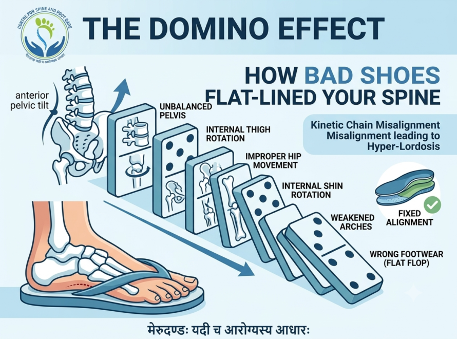 An infographic illustrating the 'domino effect' of bad footwear on the spine, showing how a flat flop leads to weakened arches, shin and thigh rotation, an unbalanced pelvis, and anterior pelvic tilt.