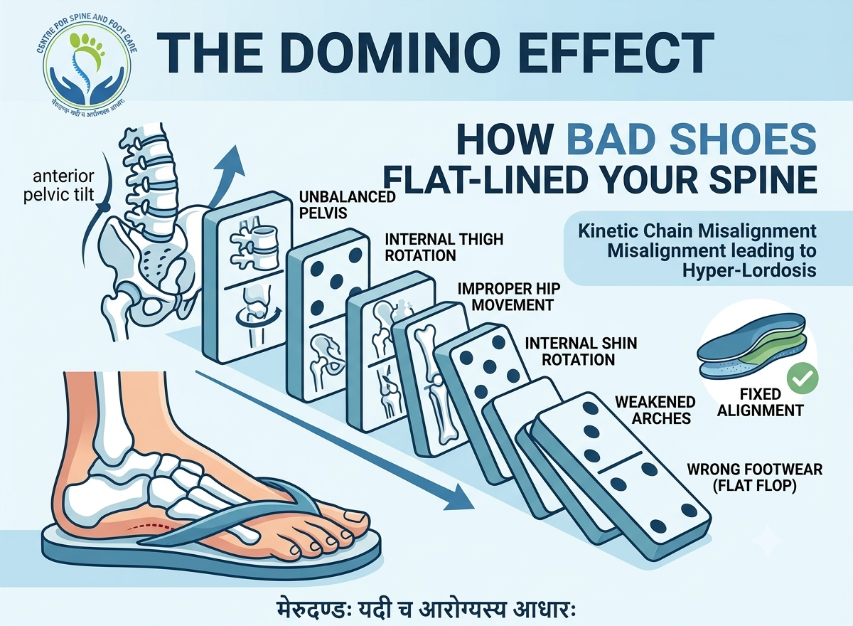 An infographic illustrating the 'domino effect' of bad footwear on the spine, showing how a flat flop leads to weakened arches, shin and thigh rotation, an unbalanced pelvis, and anterior pelvic tilt.