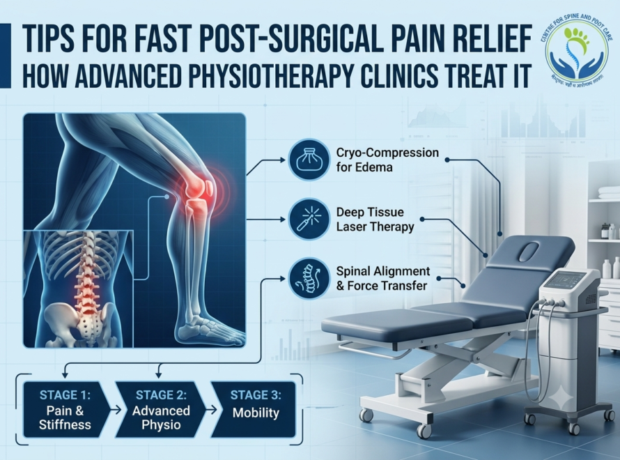 A medical infographic for a physiotherapy clinic titled 'Tips for Fast Post-Surgical Pain Relief.' It shows a diagrams of a knee joint with a red pain indicator, and a lumbar spine. The image details advanced treatments like Cryo-Compression for Edema and Deep Tissue Laser Therapy. It outlines a three-stage recovery process from pain to mobility, featuring the Center for Spine and Foot Care logo